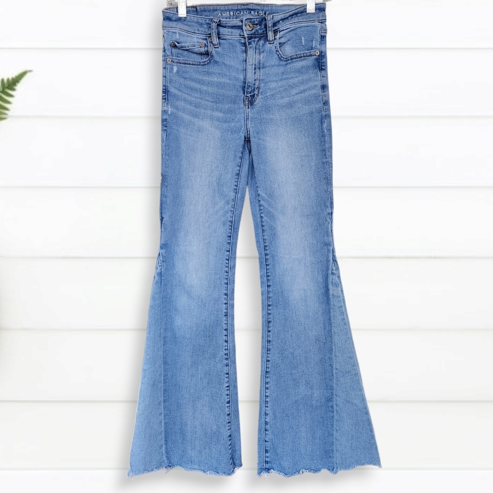 Ae | Festival Flare Denim Bell Bottom Jeans Distressed Light Blue Womens 6 Long